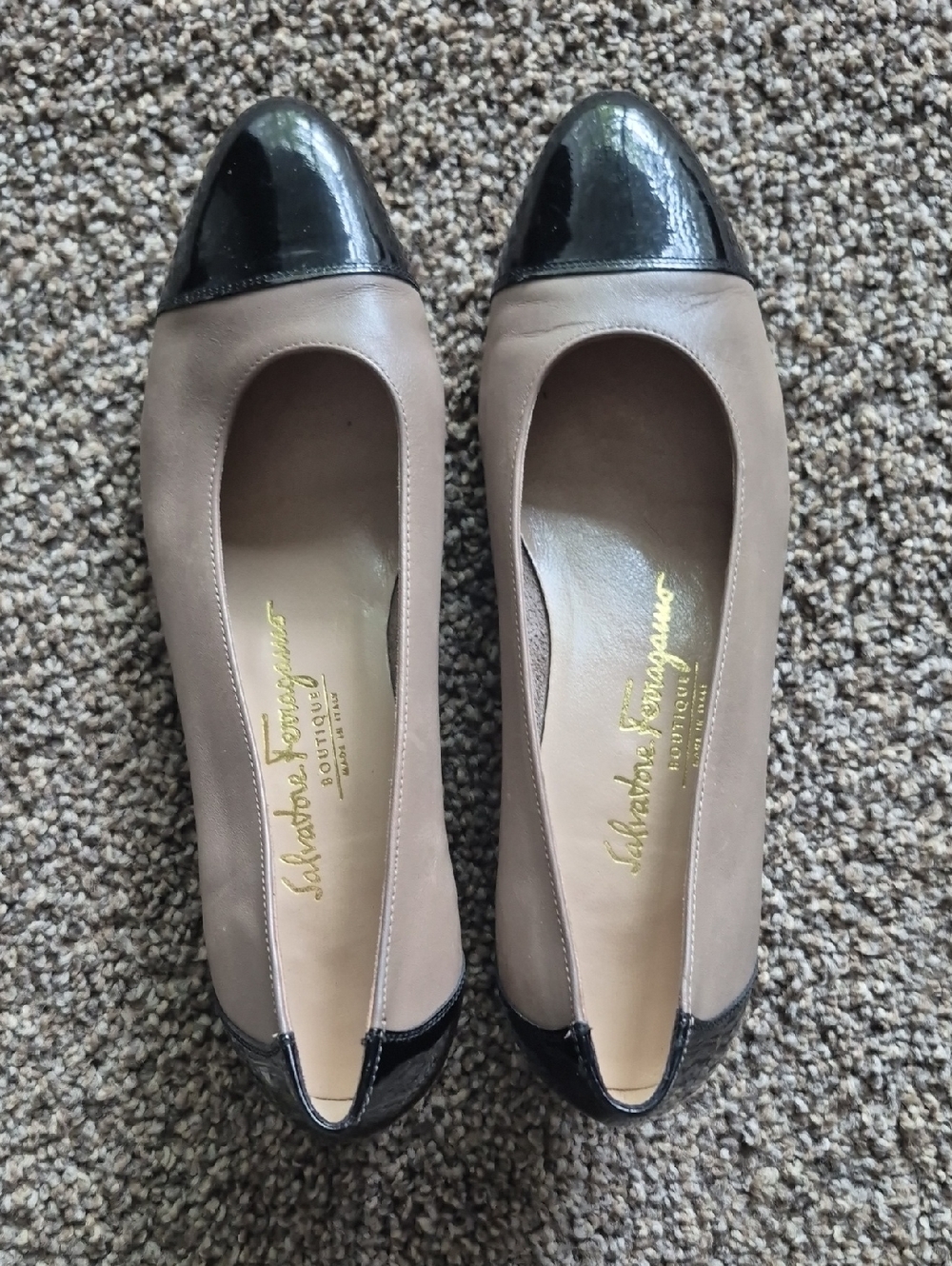 Salvatore Ferragamo Taupe Leather Flats with Black Patent Cap Toes